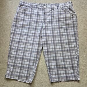 Lee Women's Size 24W Plaid Flat Front Cropped Cotton Pants Blue Tan White